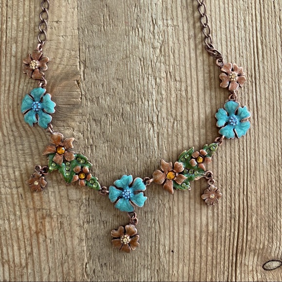 Vintage Enamel Flower Statement Necklace w Sparkly Crystals & Dangles - Picture 1 of 10